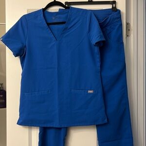 Figs Blue Scrub Set - Size Small Top, Size Small Petite Bottoms
